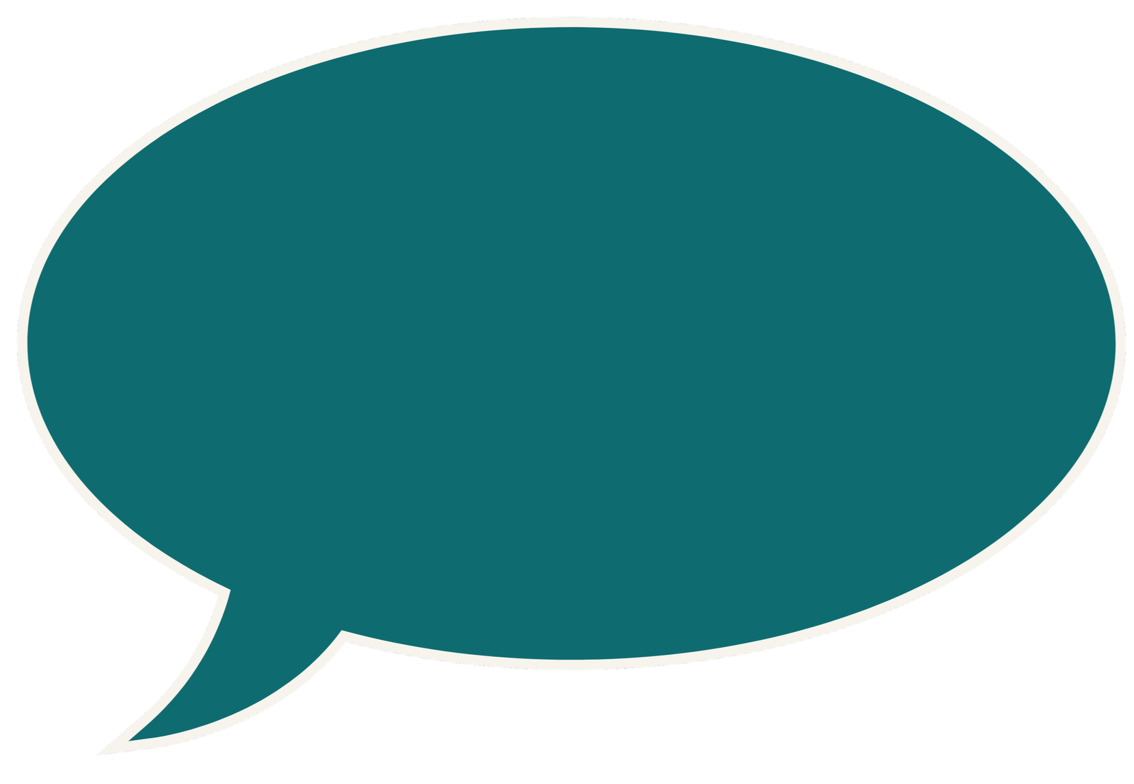 A teal speech bubble with a white outline in a comic style.