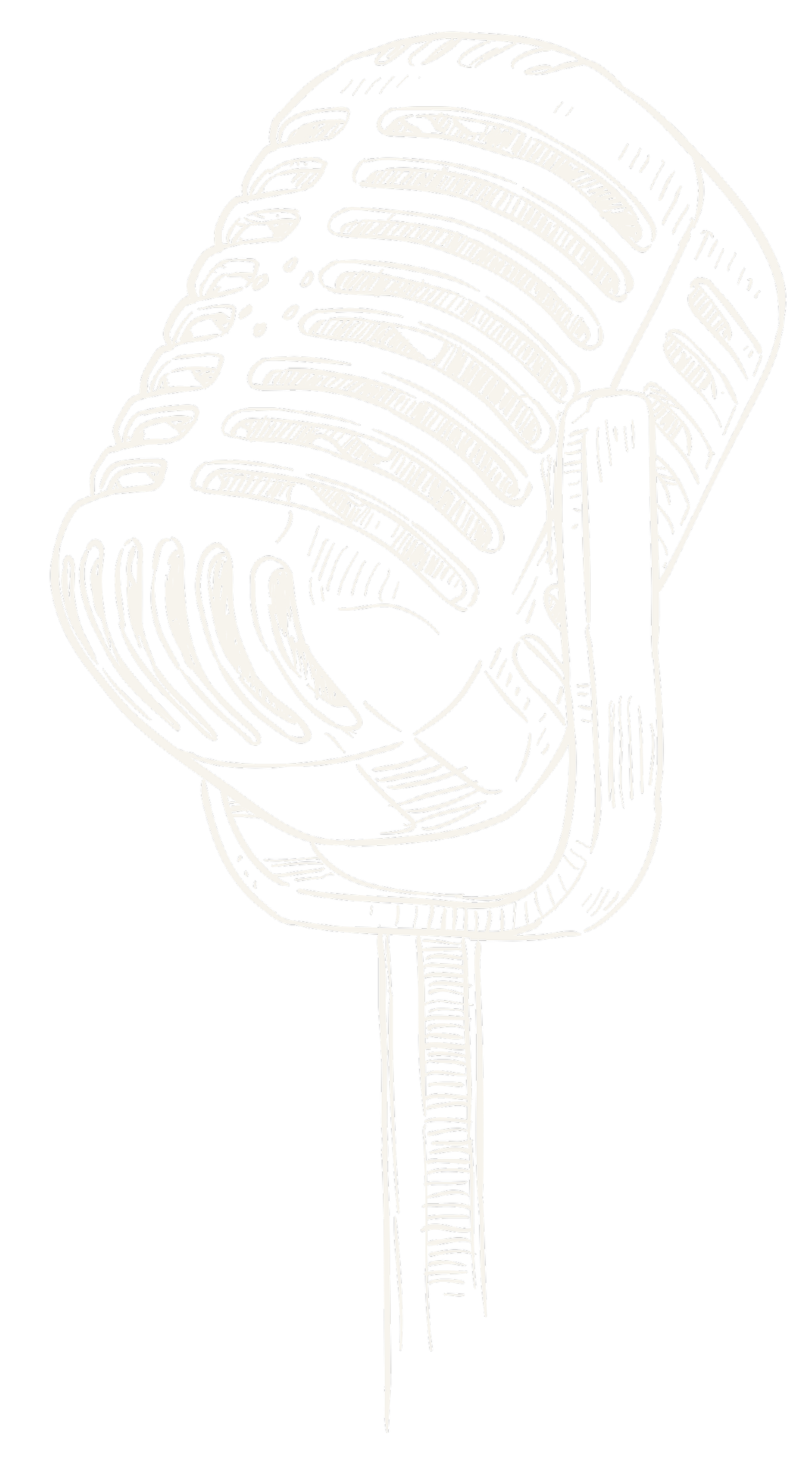 A black and white drawing of a vintage-style microphone on a stand.