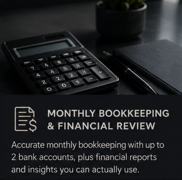 A calculator, a pen, a notebook, and a potted plant on a dark desk, with a promotional text about monthly bookkeeping and financial review services.