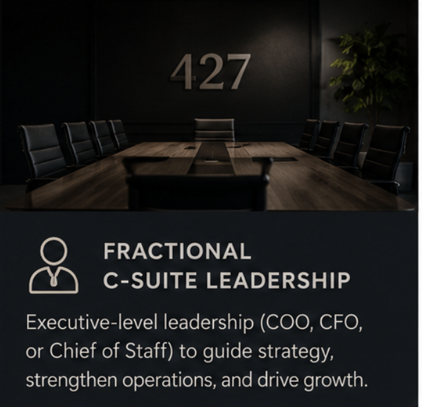 A conference room with a large wooden table and black chairs, with the number 427 on a dark wall and a potted plant in the corner, with a caption about fractional C-suite leadership.
