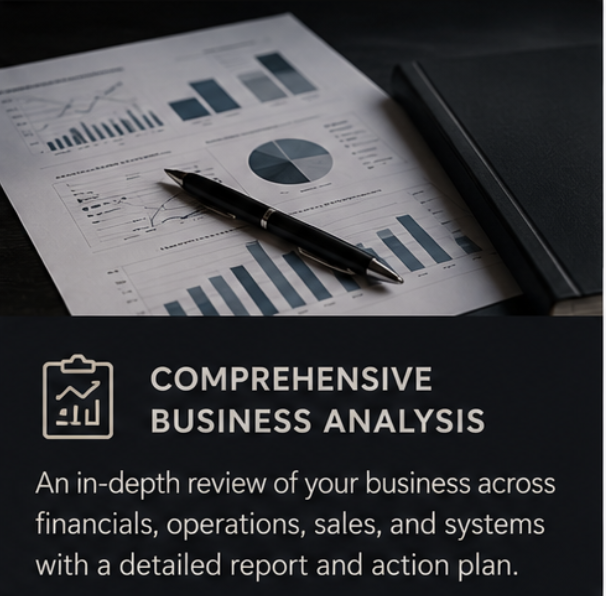 Close-up of business reports with graphs and charts, a pen, and a black tablet on a dark desk, promoting comprehensive business analysis for financial, operational, sales, and systems review.