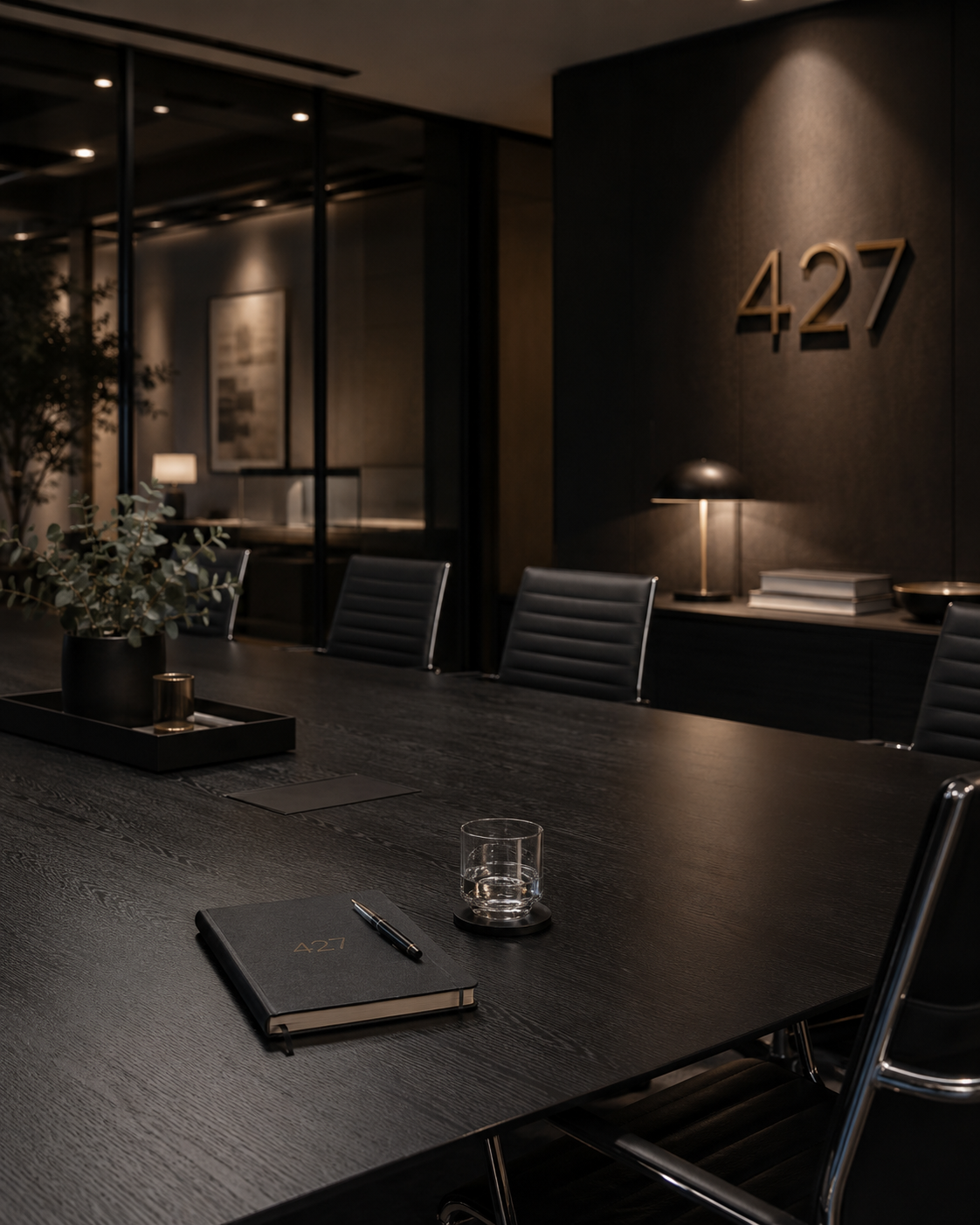 Modern conference room with black table, black leather chairs, a notebook, pen, glass of water, and decorative plant. Room number 427 on wall, ambient lighting and glass partition in background.