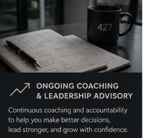 A notebook with handwritten notes and a pen on a table, accompanied by a black mug with the number 427, and text promoting ongoing coaching and leadership advisory services.