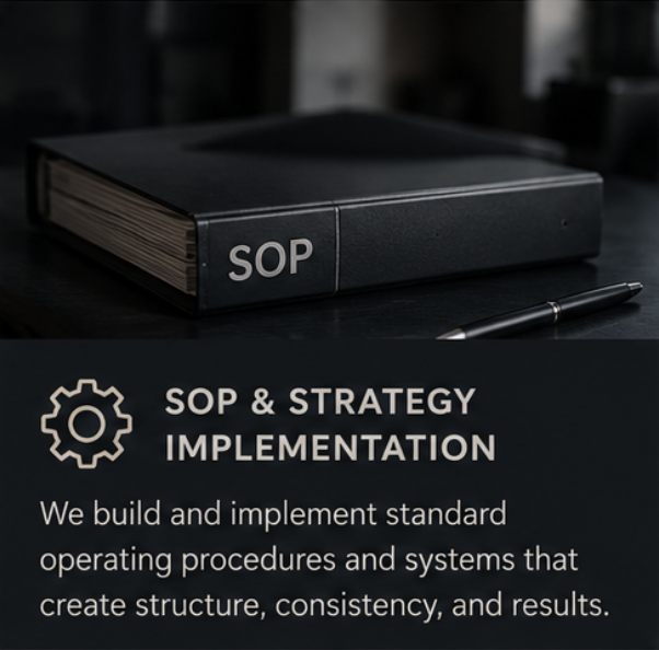 A black binder labeled 'SOP' on a desk with a pen beside it, and a sign that reads 'SOP & Strategy Implementation' with a gear icon, describing building and implementing standard operating procedures.