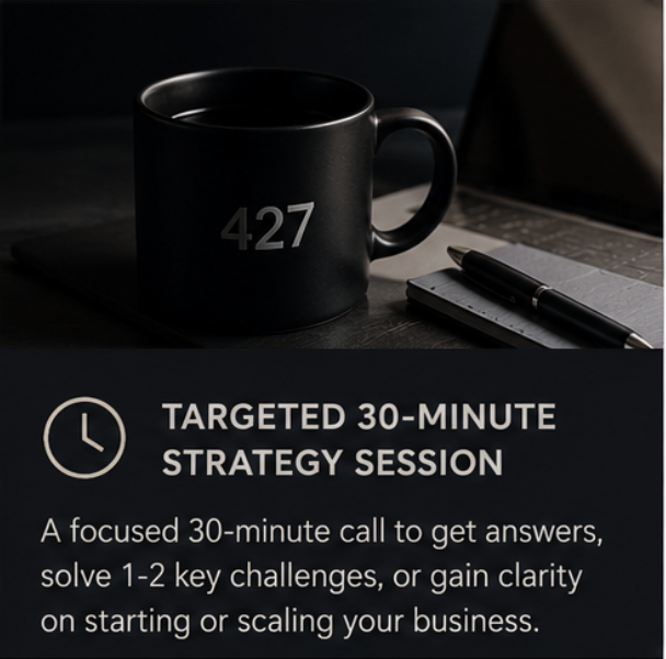 A black coffee mug with the number 427 on it, a black pen, and a notepad on a dark wooden surface, with a nearby keyboard. The image promotes a targeted 30-minute strategy session for business planning.