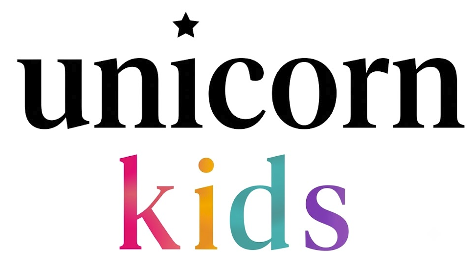 Colorful text reading 'unicorn kids' with a black star above the word 'unicorn'.