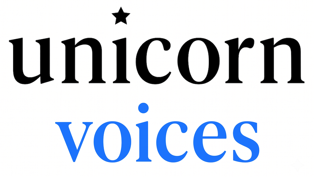 Text reads 'unicorn voices' with a black star above 'unicorn' and a blue dot above the 'i' in 'voices'.