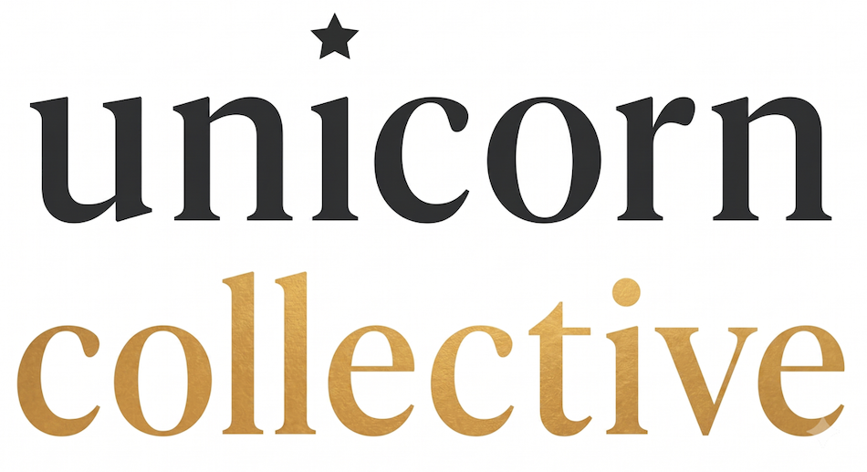 The image features the words "unicorn collective" with a star above the "i" in "unicorn". The word "unicorn" is in large black letters, and "collective" is in gold letters.