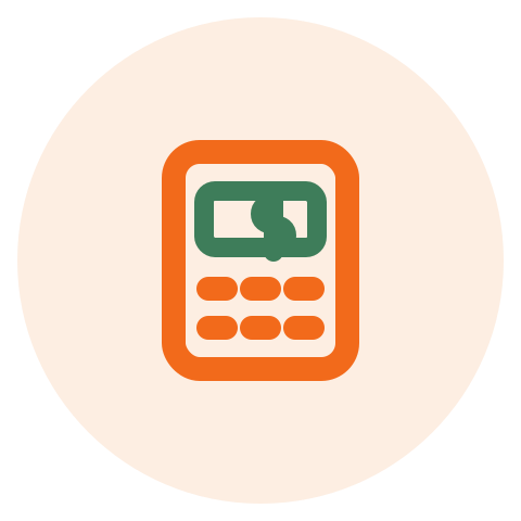 Icon of a calculator with dollar bills on the screen, colored in orange and green.