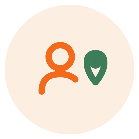 Icons of a person and a location pin on a light-colored circular background.