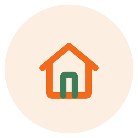 Icon of a house with an orange outline and green door inside a beige circle.