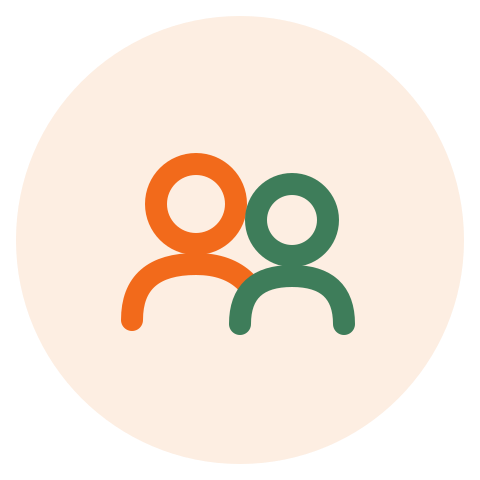 Icon of two stylized human figures, one orange and one green, on a light beige circular background.