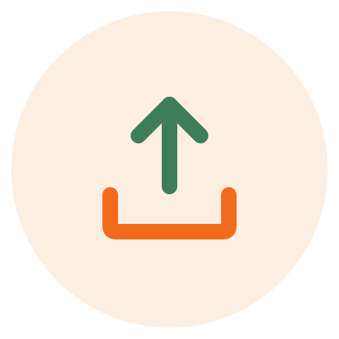 Upload icon with an upward arrow in green and an orange outline square.