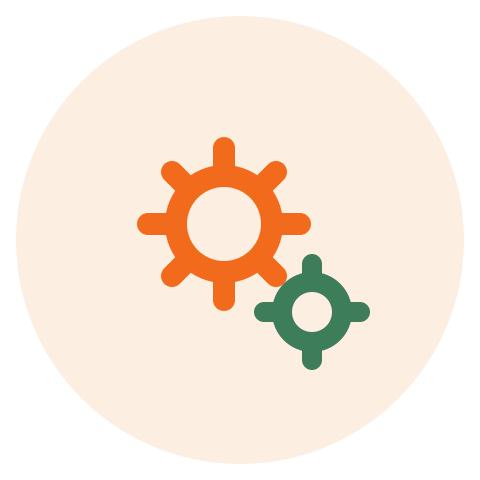 Two gear icons, one larger orange and one smaller green, on a light background.