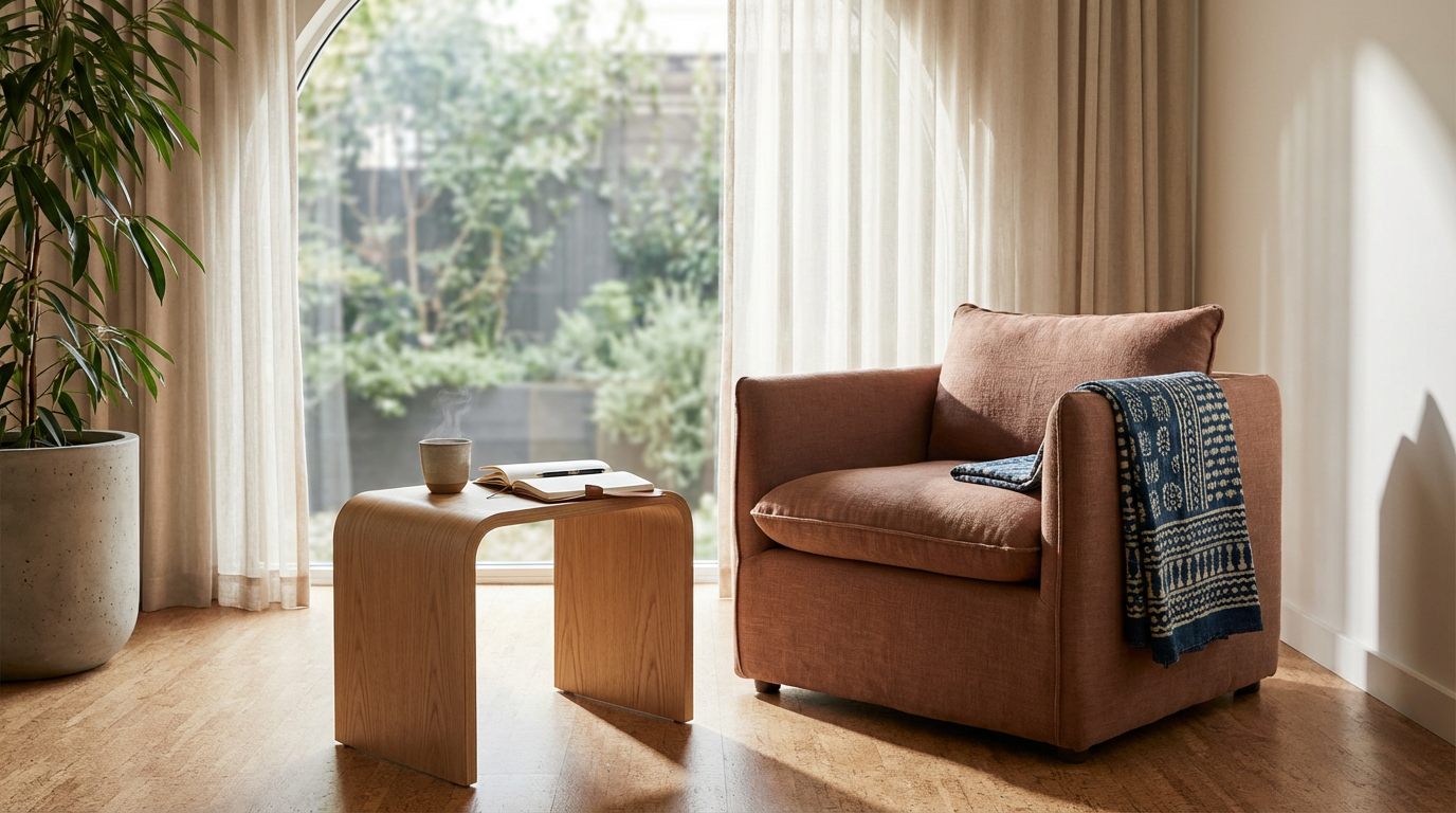 A cozy living room corner with a pink armchair, a small wooden side table with an open book, a coffee cup, and a closed book, a large potted plant, and sheer curtains letting in natural light.