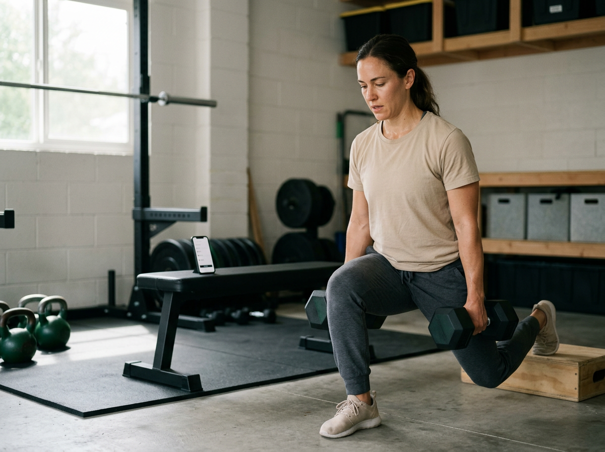 Online coaching client doing a dumbbell split squat in her home gym with her program on her phone