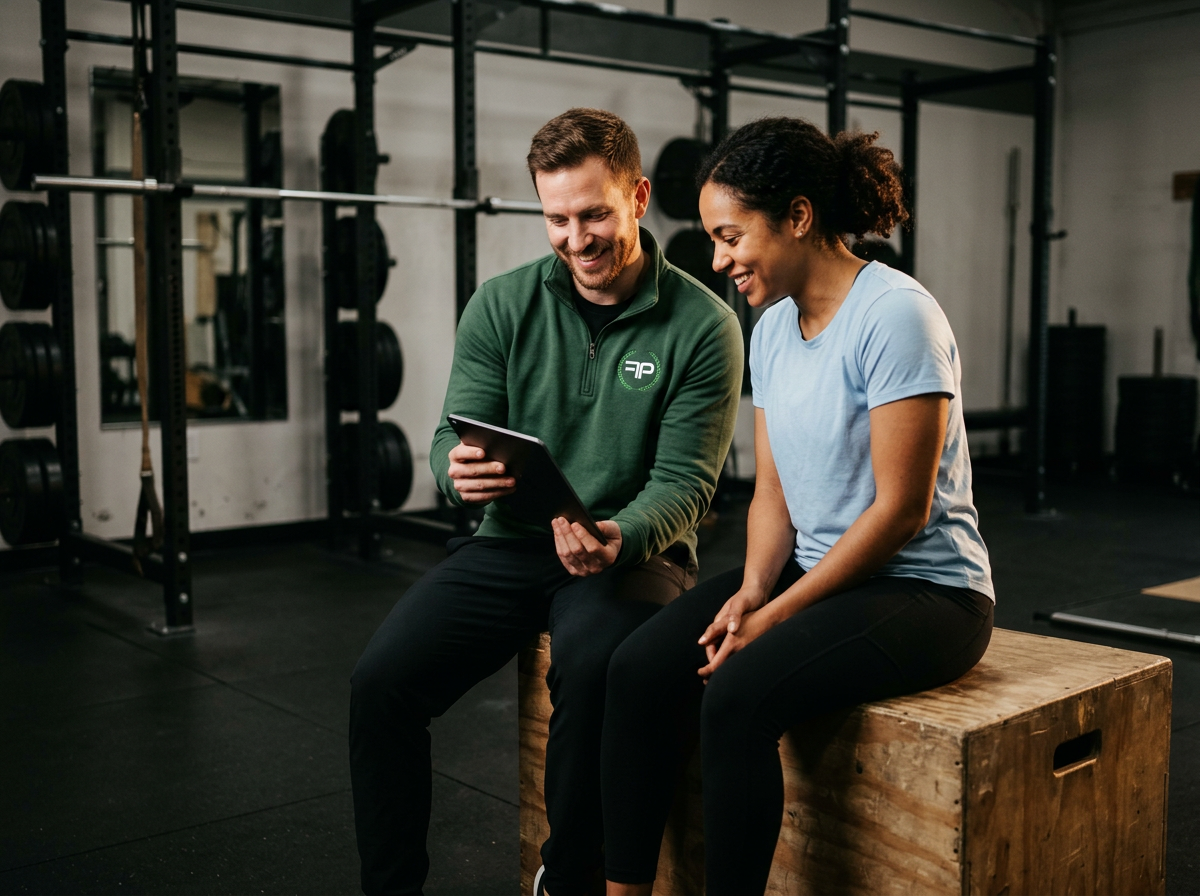 Coach reviewing a client's lift on a tablet during a free consult at Pursuit Fitness