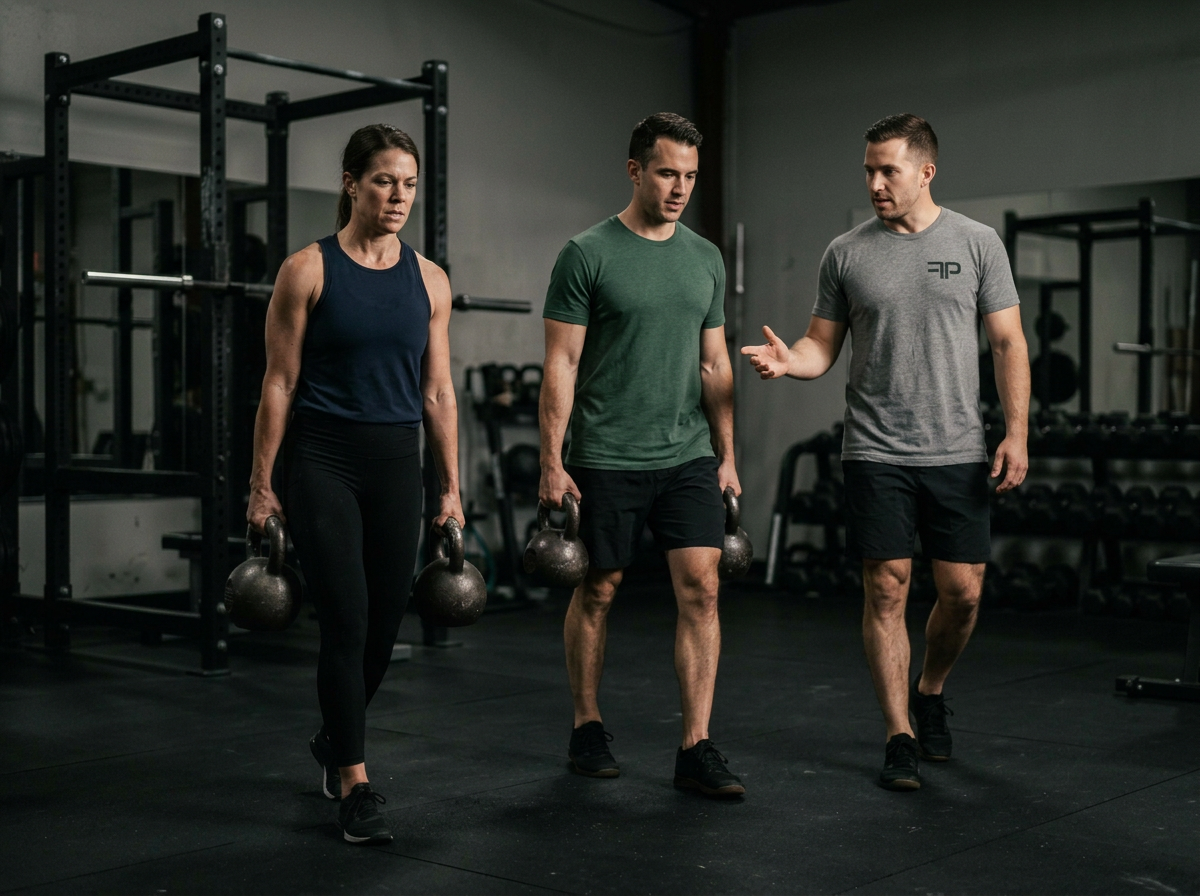 Coach cueing two clients doing kettlebell farmer's carries in a small group training session