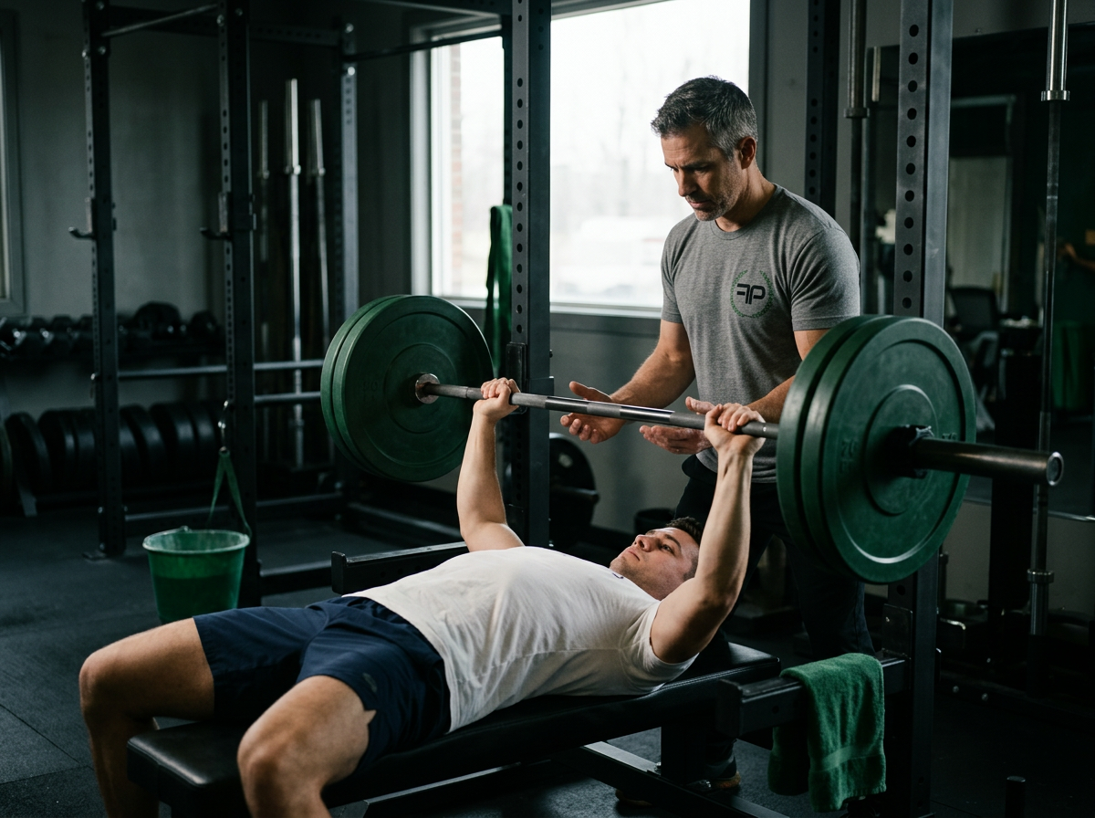 Personal trainer spotting a client on the bench press during a 1-on-1 training session