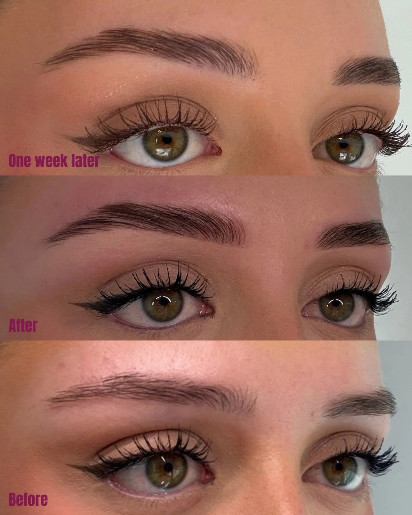 Brow lamination shaping and light brown dye. Before, after and one week later these results will last 6 - 8 weeks 💅🏻 book through the link in bio. 🫶🏻