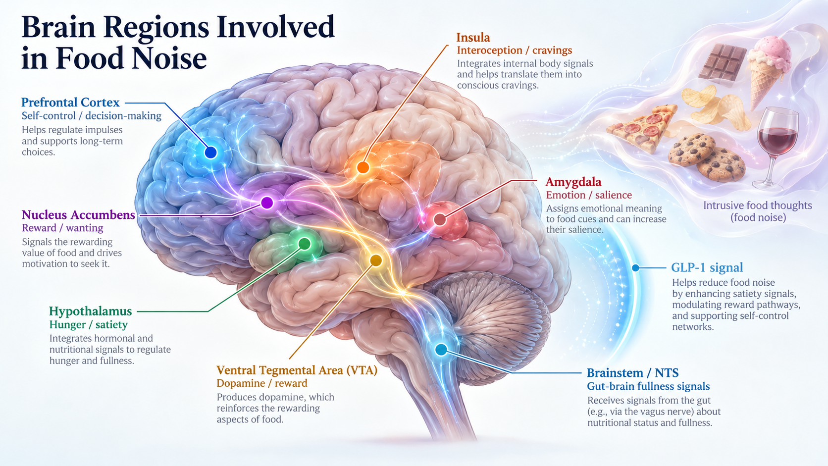 Diagram of brain regions involved in food noise with labels and descriptions. Includes the prefrontal cortex, nucleus accumbens, hypothalamus, ventral tegmental area, insula, amygdala, gut signals, and dopamine pathways. Artistic depiction of various foods and a wine glass with food thoughts.