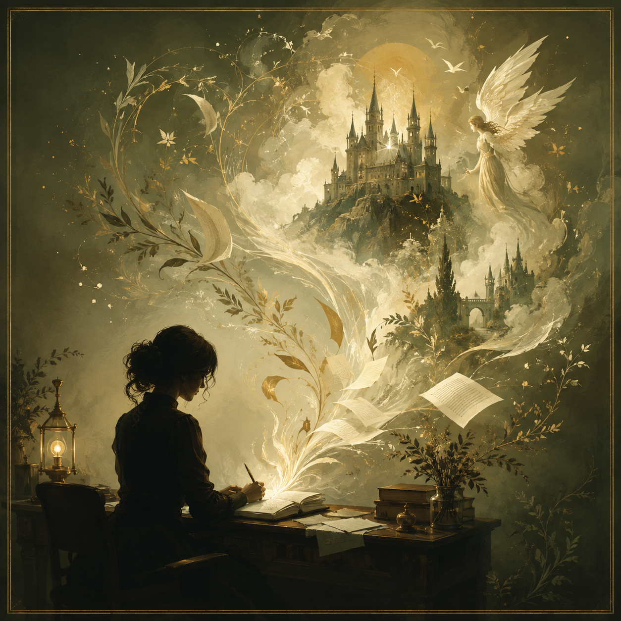 Silhouette of a woman sitting at a desk writing, with magical, glowing pages and a fantasy castle, angel, and landscape emerging from her writing, surrounded by floating papers, leaves, and a lamp.