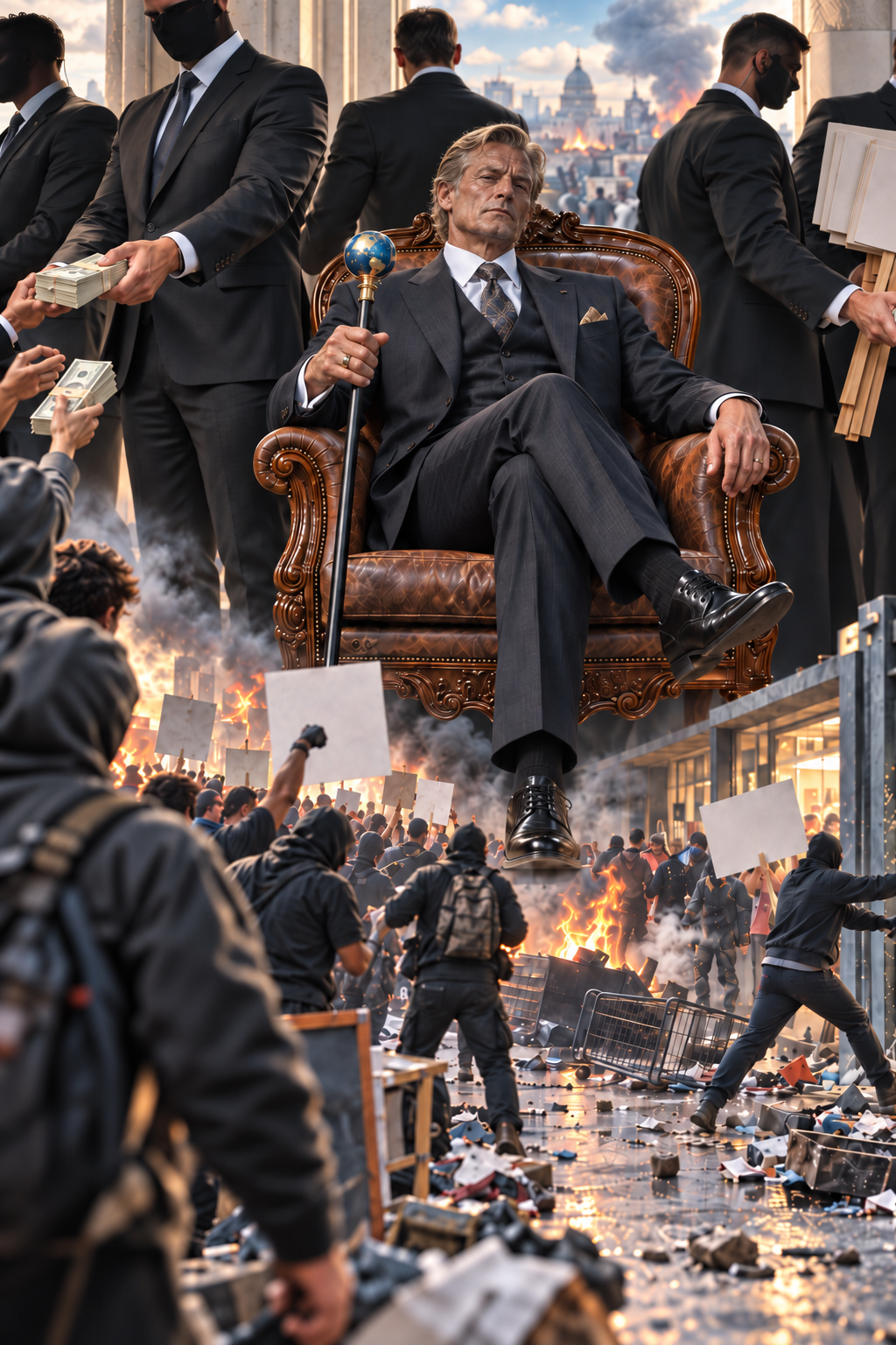A man in a suit with a stern expression sits on an ornate throne, holding a staff with a globe. Behind him, protesters are rioting with fires and boarded-up storefronts, amidst clouds of smoke and chaos.