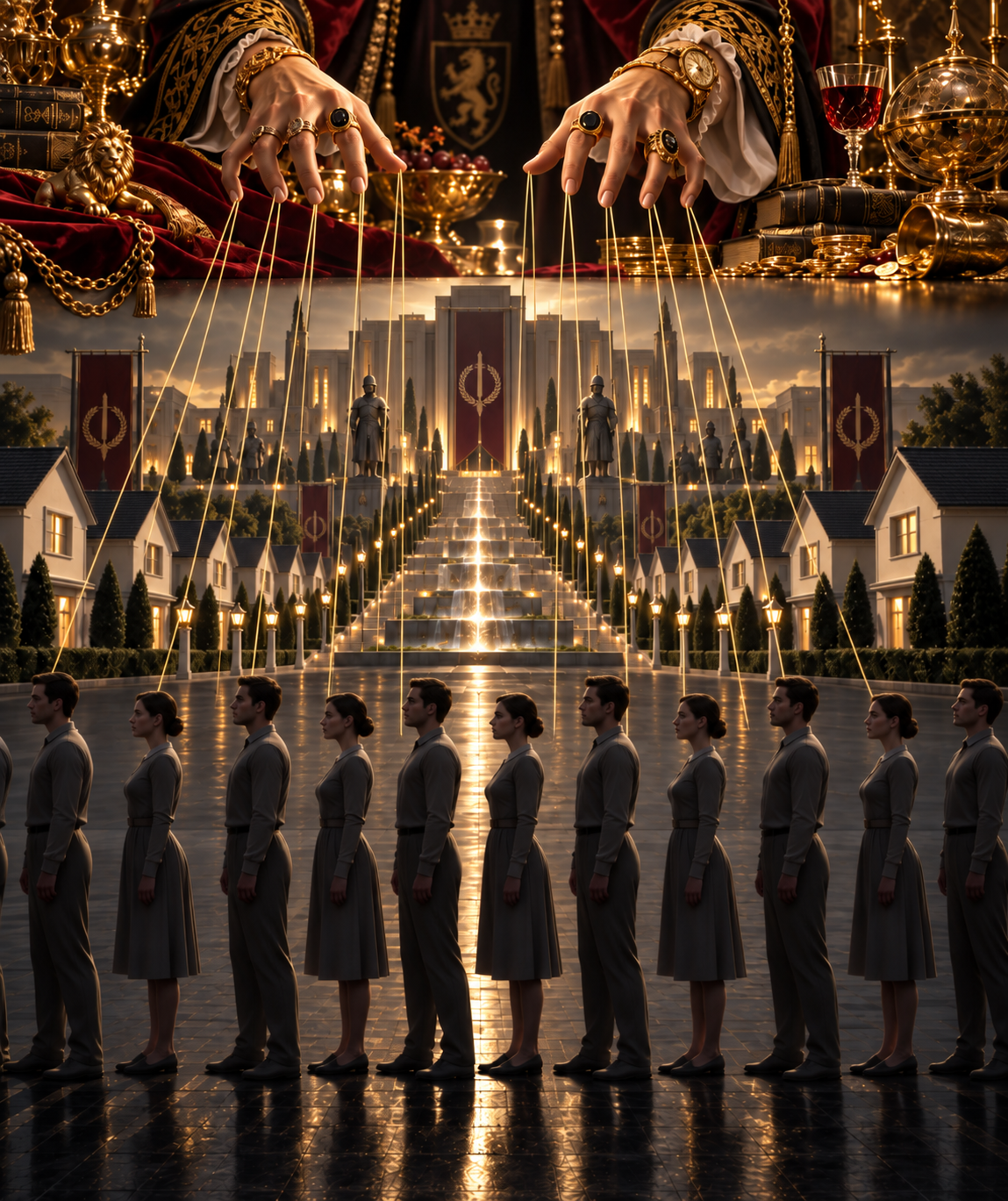 A group of uniformed women standing in line in front of a grand, illuminated palace with flags and statues, with a large hand manipulating the scene above, holding a globe with a lion and various symbols, wearing rings and watches, surrounded by gold and luxury decor.