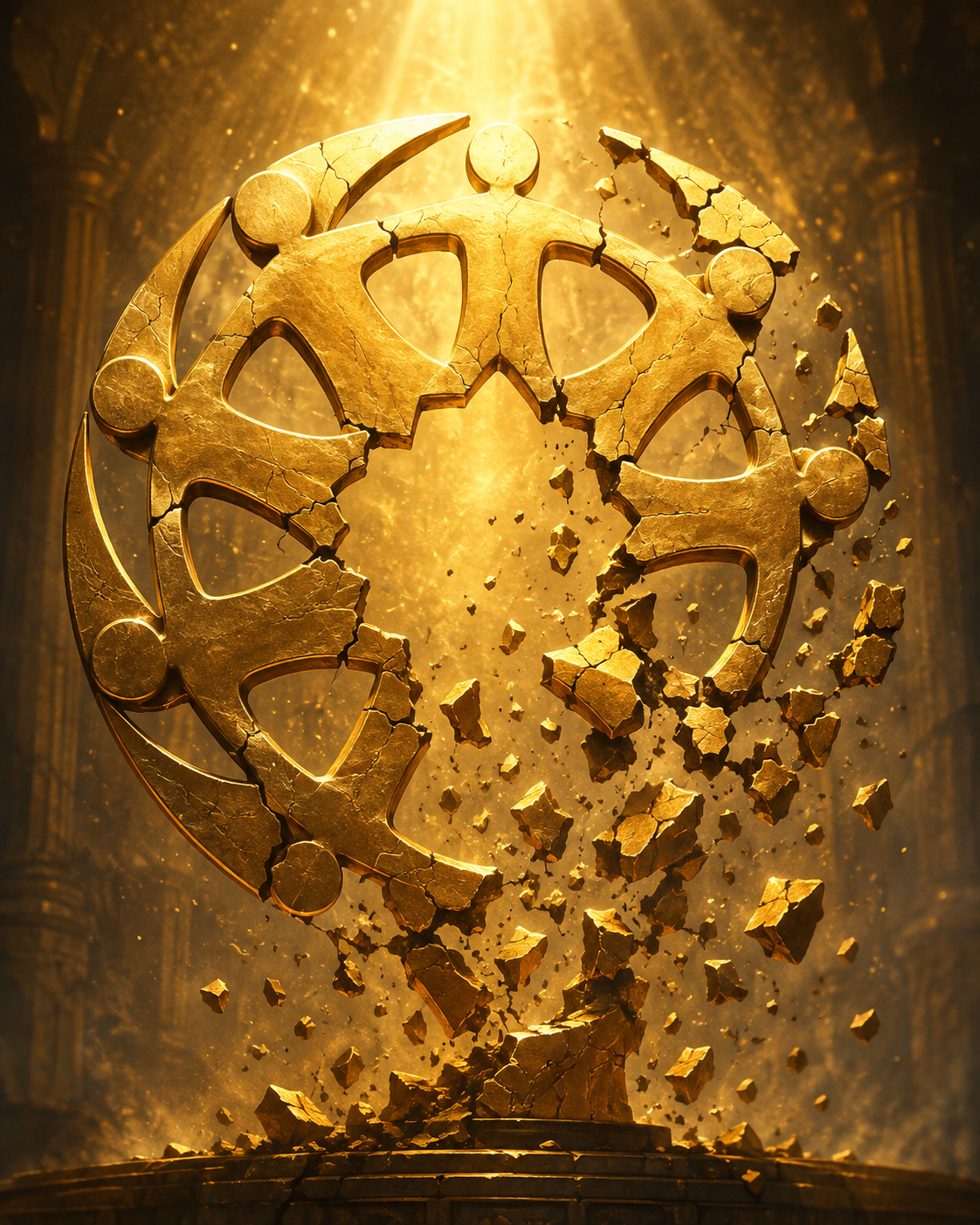 A glowing, golden, cracked gear emblem breaking apart and floating in mid-air, with bright light and dust particles behind it.