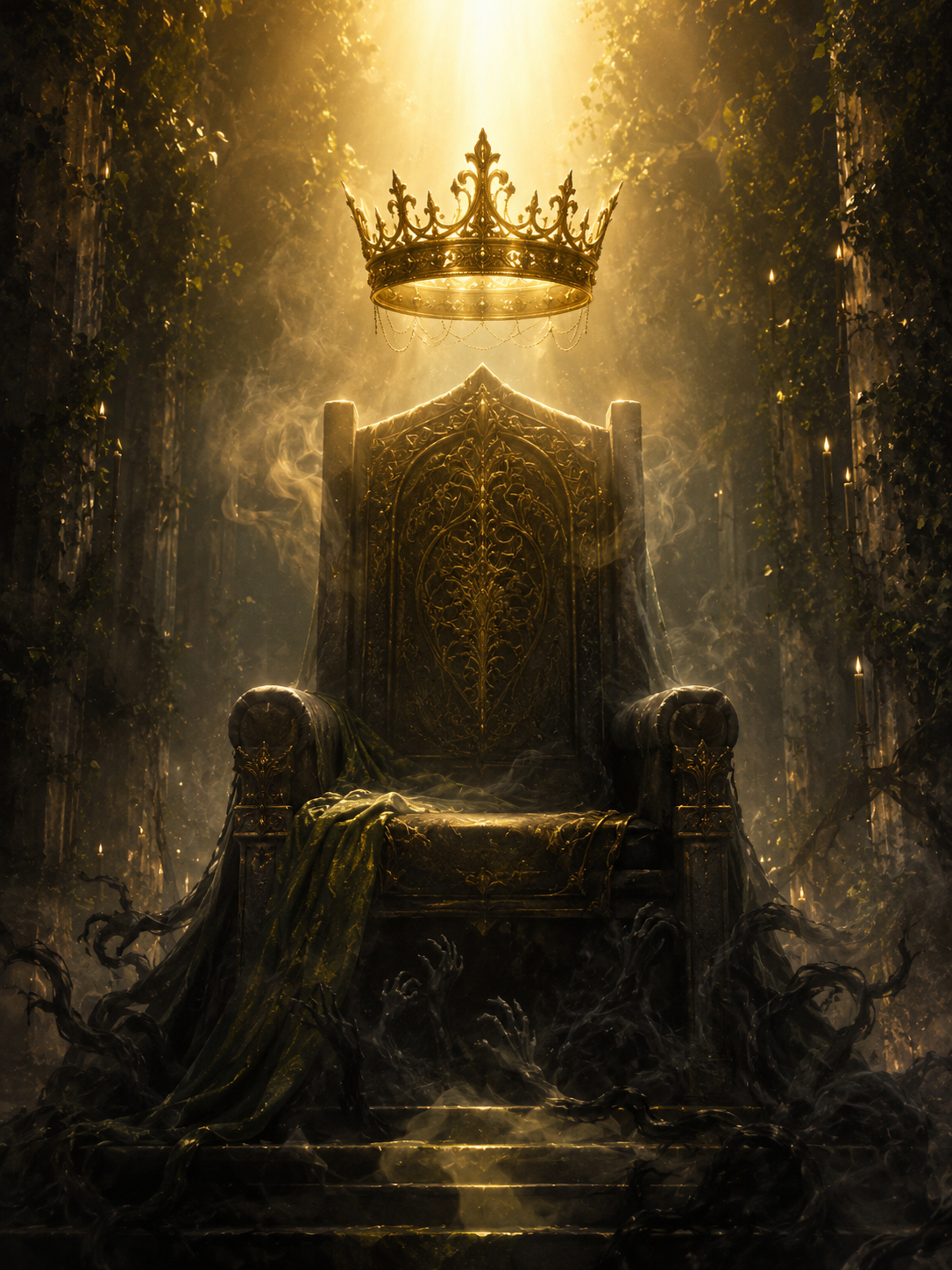 An ornate golden throne with intricate designs, surrounded by dark twisted branches and vines, illuminated by a golden light shining through a broken crown hanging above it.