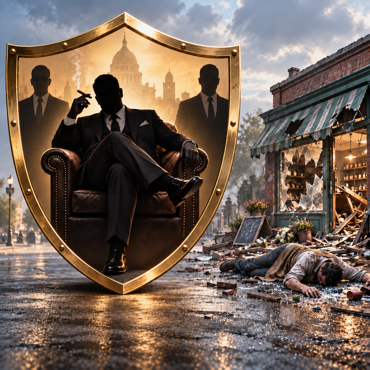 Tansa - the manipulator. A man in a suit sitting on a throne inside a large shield-shaped frame, with a backdrop of historical buildings, while someone lies unconscious outside a broken storefront in a city street, amidst debris and broken glass.