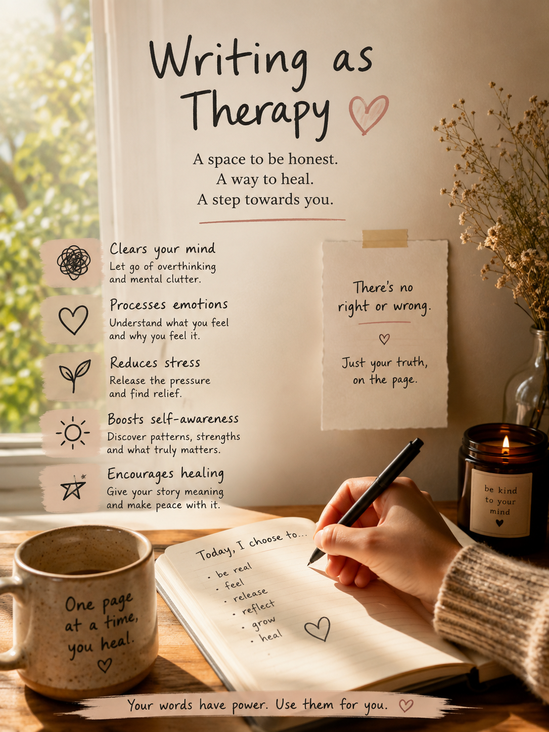 A workspace with a handwritten journal, a coffee mug, a candle, and a wall with motivational notes about writing as therapy, mental health, and self-care.