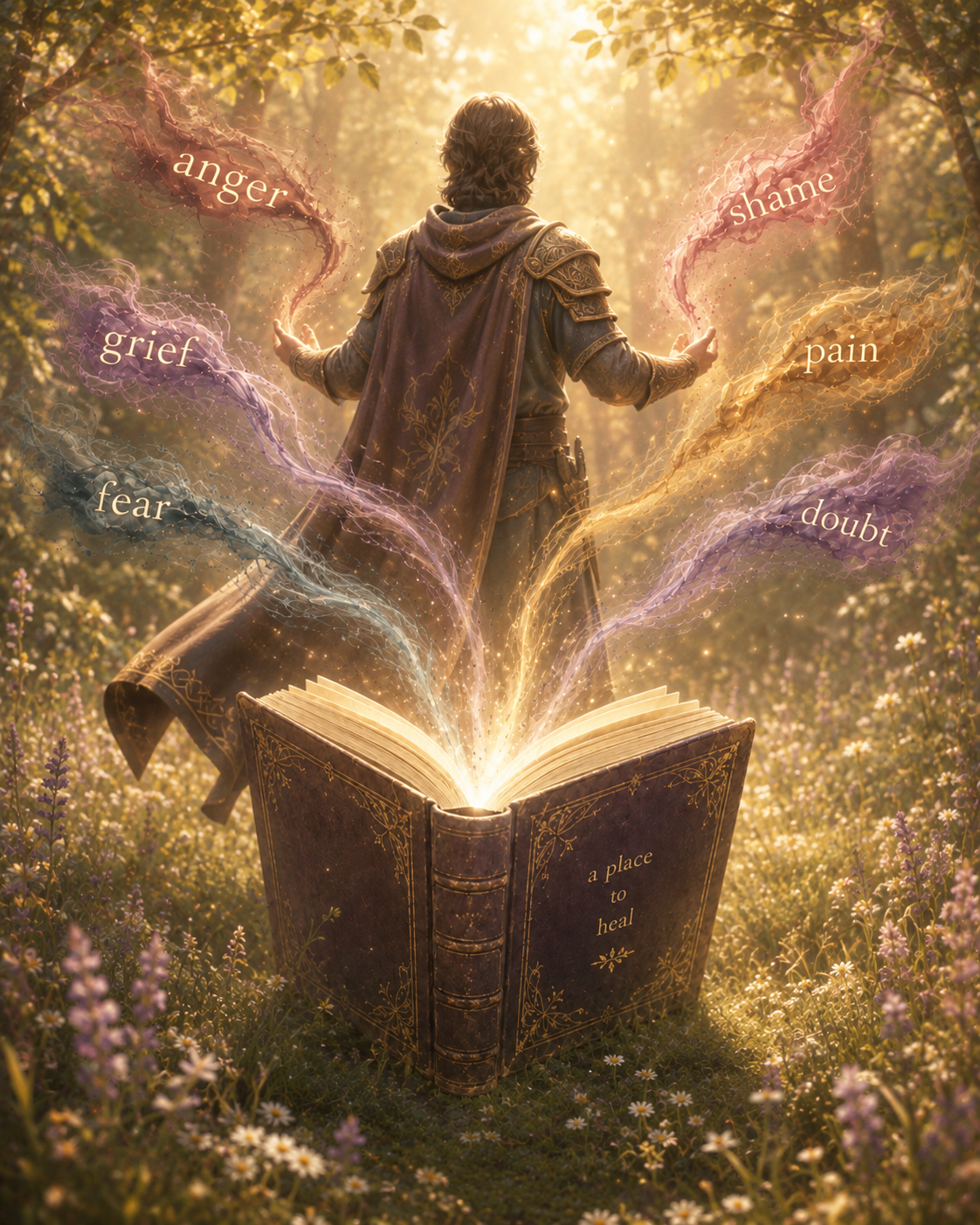 A fantasy scene with a person in a cloak standing in a glowing forest, surrounded by swirling colorful words like anger, shame, grief, pain, fear, doubt, and rage, emanating from an open, ornate book titled "a place to heal."