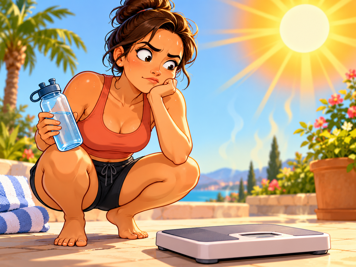 A woman looking worried beside a digital scale on a very hot day, illustrating how heat, hydration, and fluid shifts can cause temporary changes in body weight.