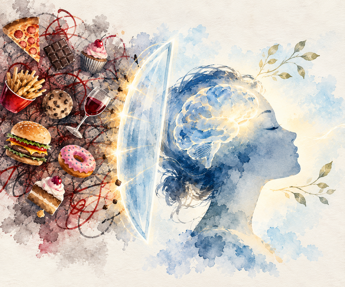 A woman with a brain-shaped head facing away from floating desserts and snacks, illustrating how retatrutide can quiet “food noise” and reduce constant thoughts about food.