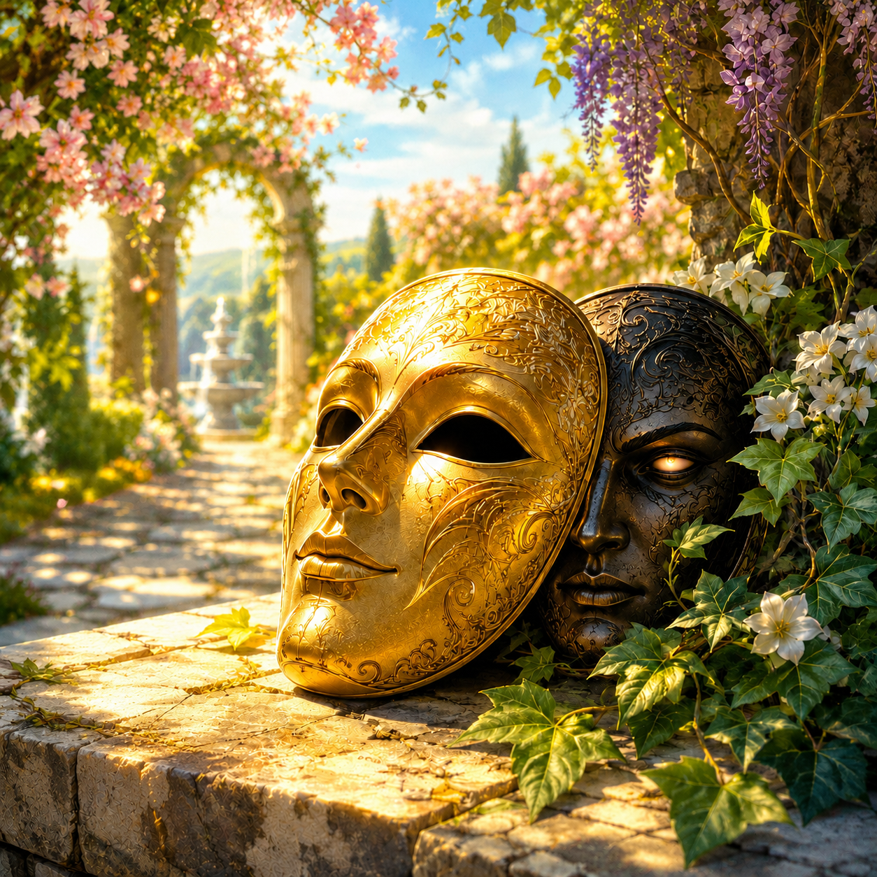 Two ornate masks, one gold and one black, rest on a stone ledge surrounded by green ivy and flowers, with a garden path, blooming trees, and a fountain in the background.