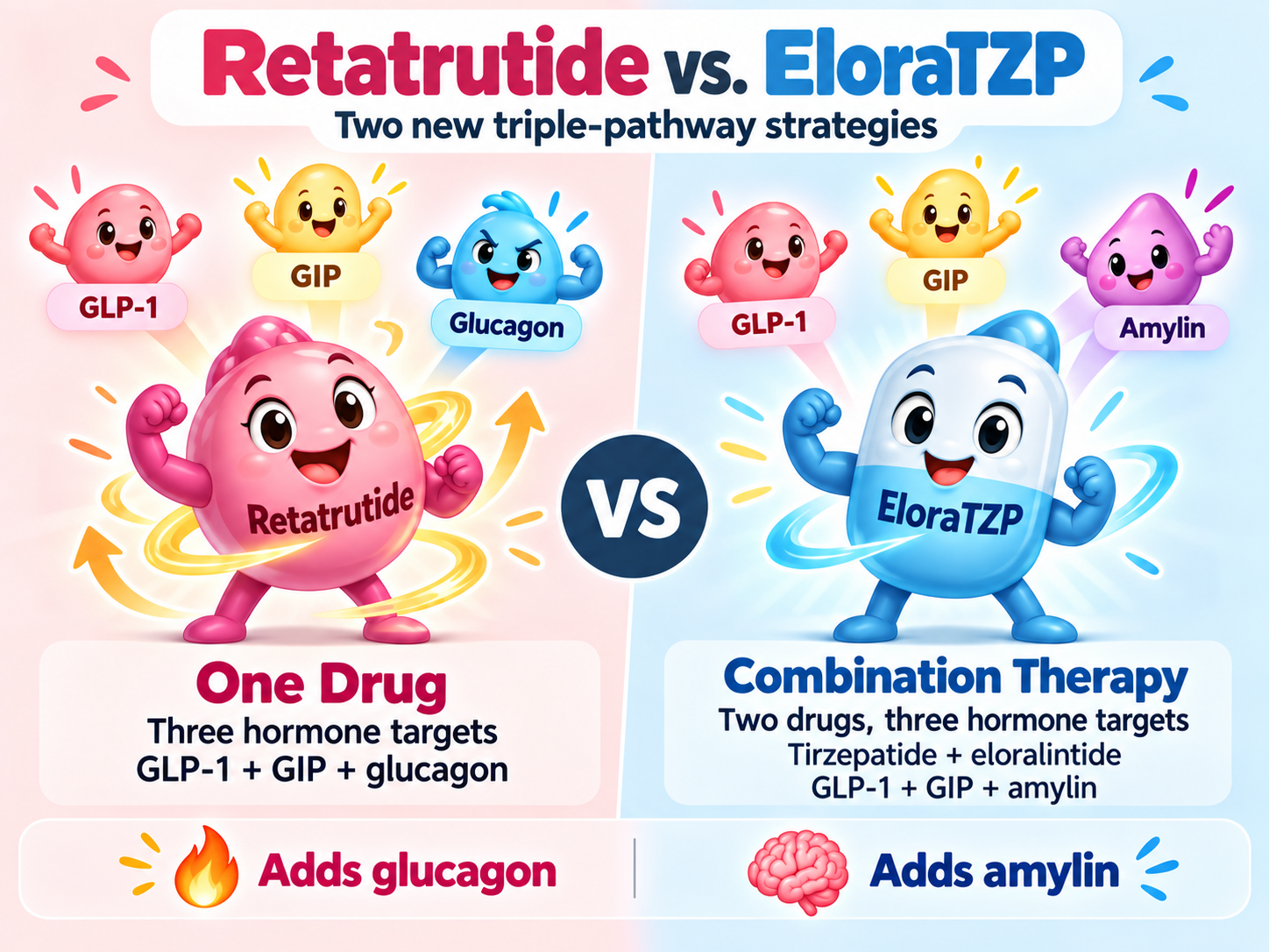 Retatrutide vs. EloraTZP
A cartoon comparison of retatrutide and EloraTZP, showing retatrutide targeting GLP-1, GIP, and glucagon and EloraTZP targeting GLP-1, GIP, and amylin.