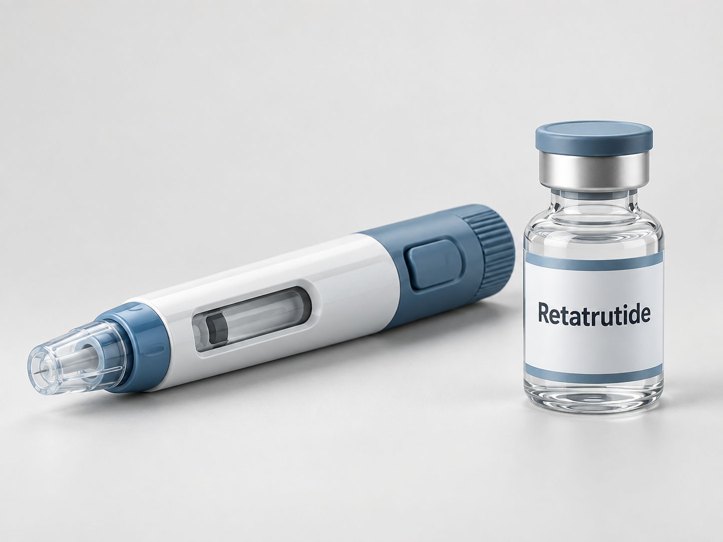 A medical test vial labeled 'Retrutide' and a disposable syringe on a plain surface.