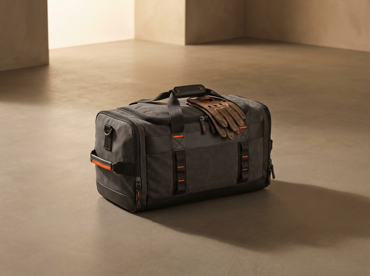 A gray duffel bag with black handles and orange accents, with a pair of brown gloves resting on top, placed on the floor in a minimalist room.