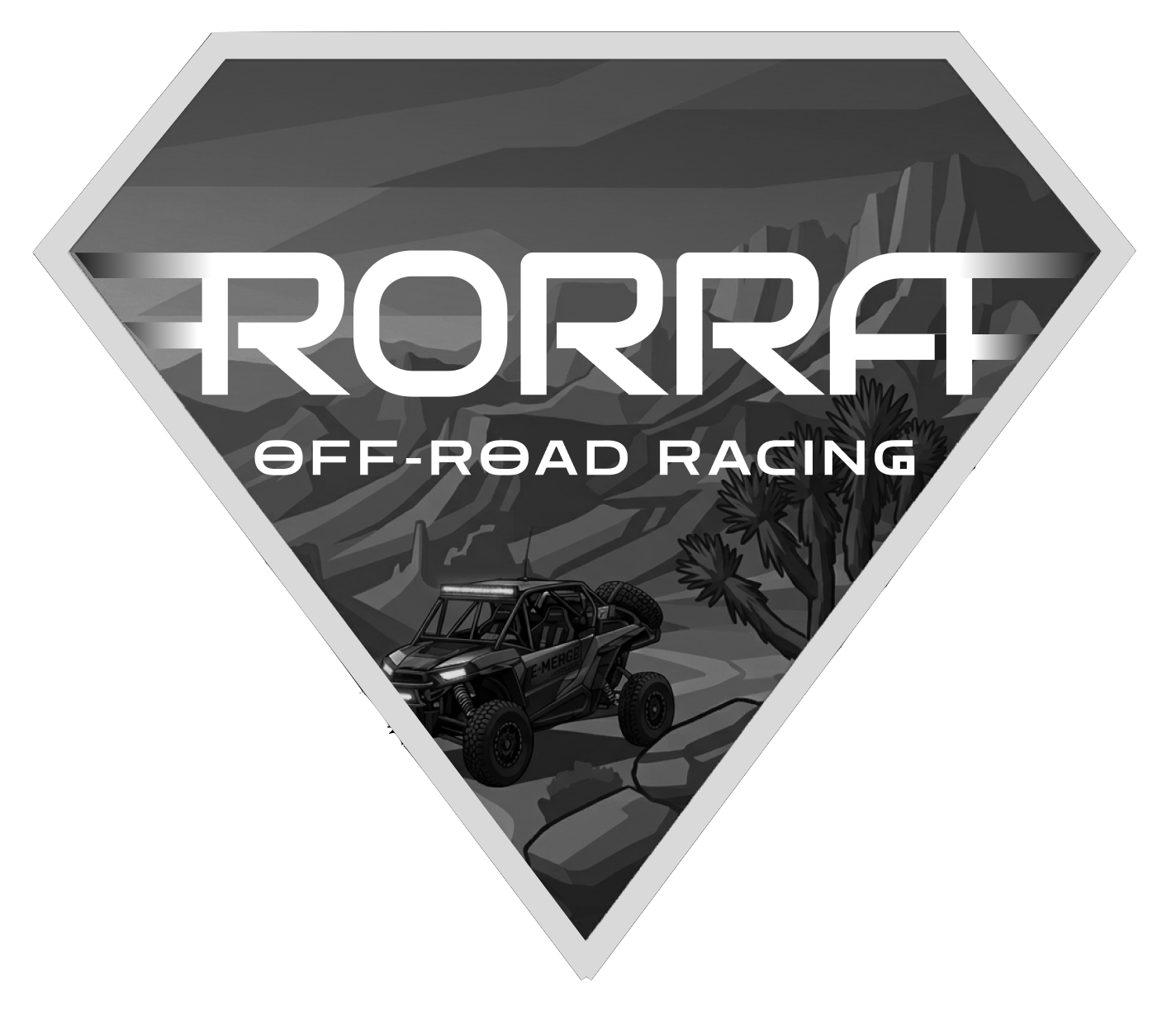 Logo for Torra Off-Road Racing featuring a rocky desert landscape with cacti and an off-road vehicle, all within a diamond-shaped frame.