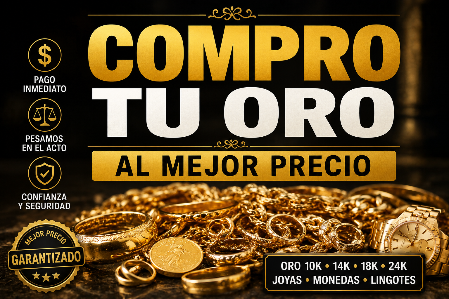 Publicidad de compra de oro y joyas en diferentes quilates con iconos de pago inmediato, confianza, y seguridad. Incluye anillos, relojes, monedas y cadenas de oro en la imagen.