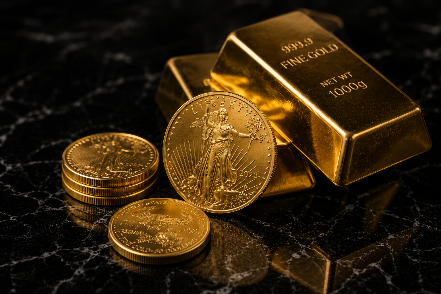 Lingotes y monedas de oro sobre una superficie negra de mármol.