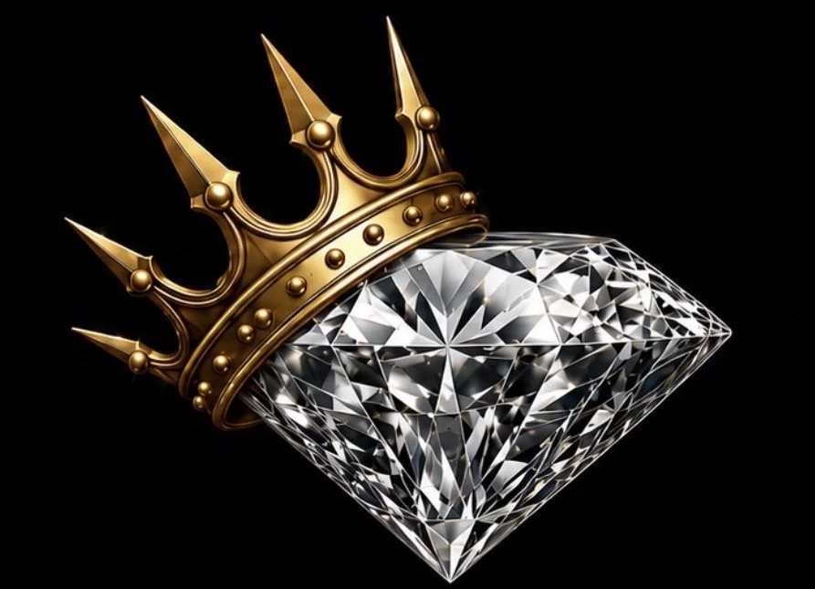 Un diamante brillante con una corona dorada en la parte superior, en un fondo negro.