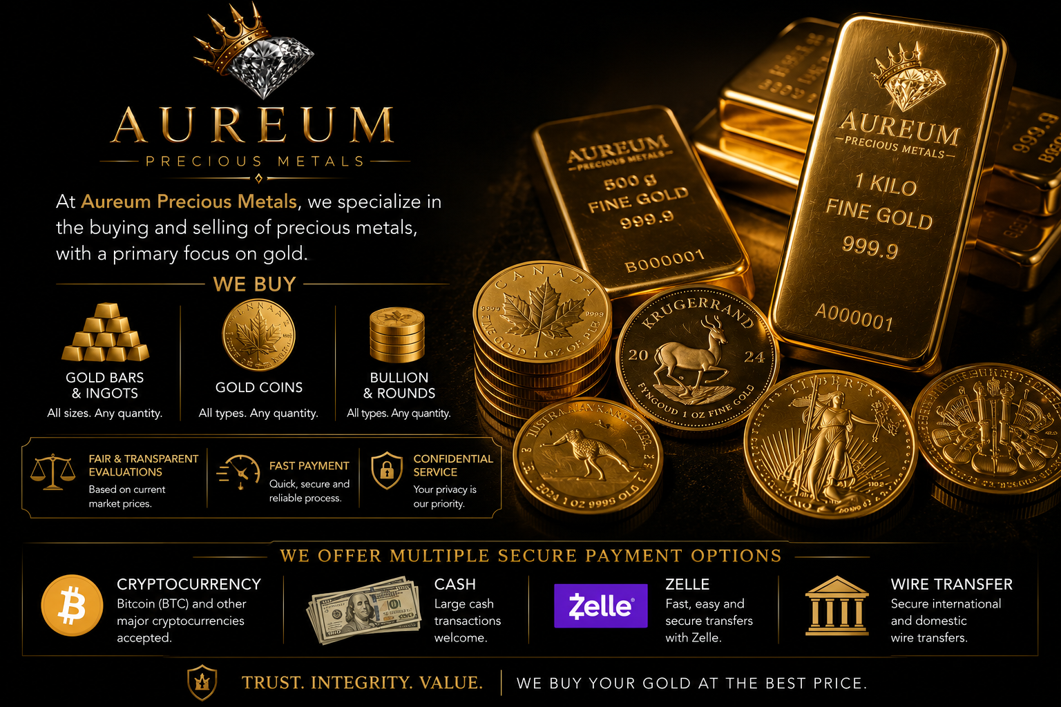 Imagen de varias barras y lingotes de oro, con logotipos y texto promocional de una empresa llamada Aureum Precious Metals, que se dedica a comprar y vender metales preciosos, principalmente oro, ofreciendo opciones de pago en criptomonedas, efectivo, Zelle y transferencia bancaria, destacando su confianza, transparencia y servicio confidencial.