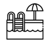 Outline of a swimming pool with a ladder, an umbrella, and water.