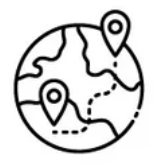 Line drawing of a globe with two location pins connected by a dashed line.