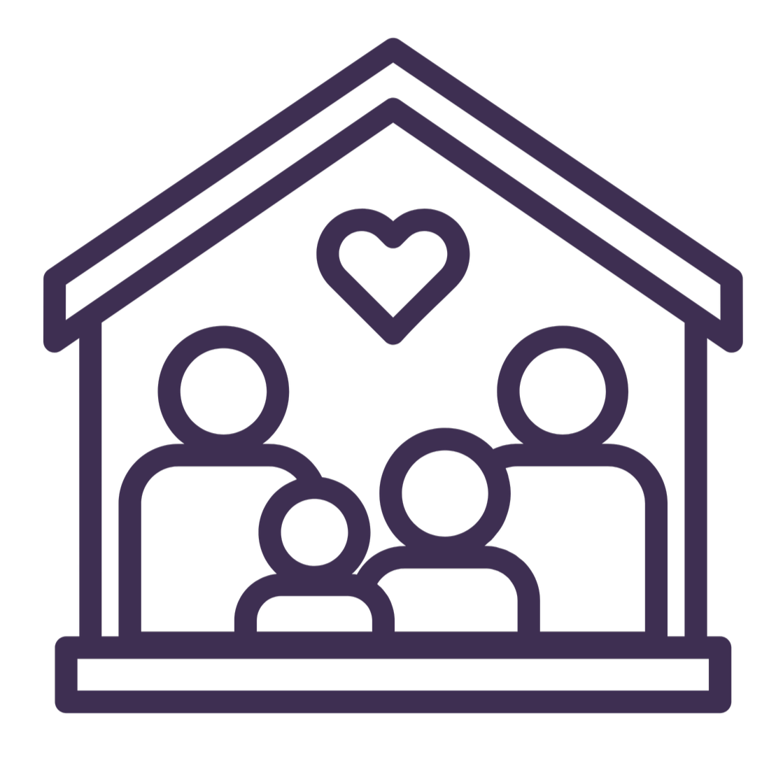 Outline of a house with a heart inside and four people representing a family.