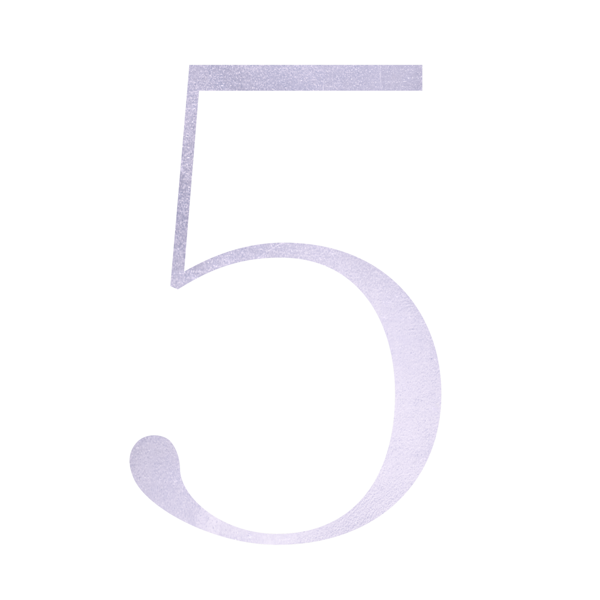 A stylized letter number 5 in light purple with a glittery texture against a dark background.