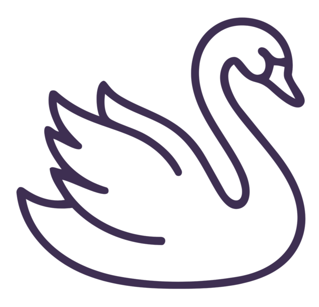 Outline illustration of a swan in dark purple on a black background.