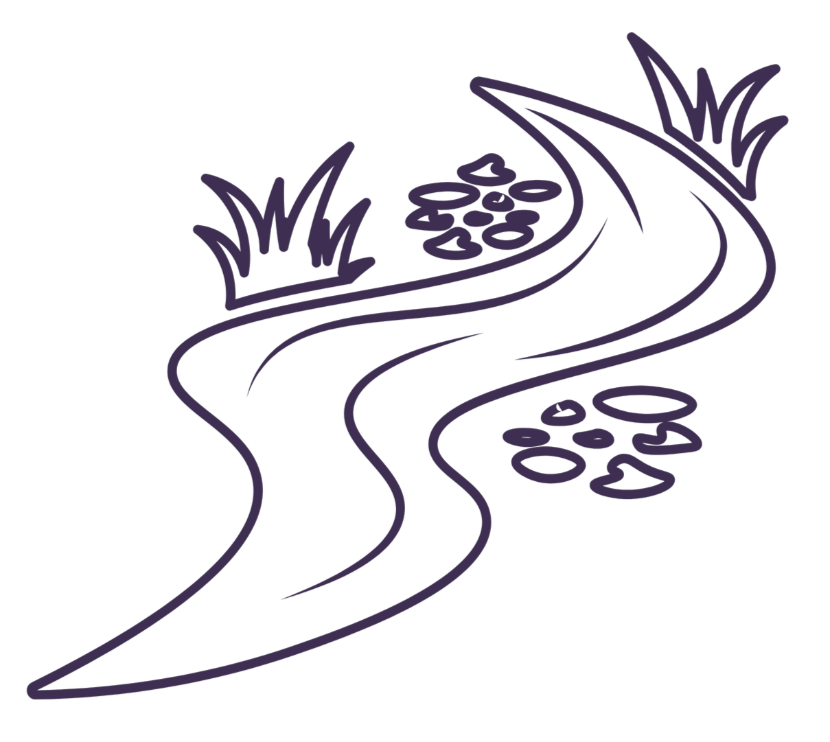 A simple line drawing of a winding river with plants and streamers on the banks.